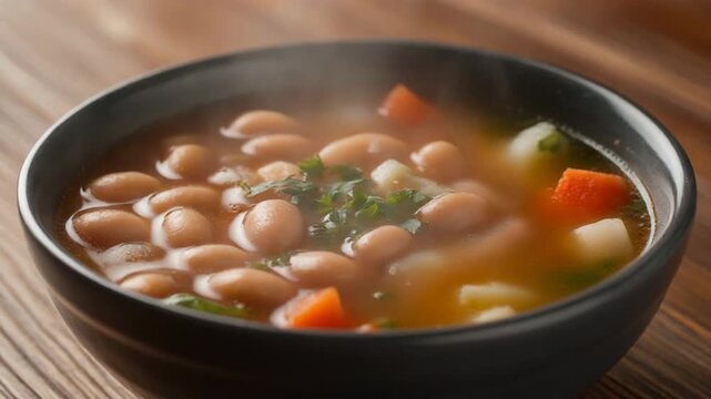 Hearty Bean Soup with Fresh Vegetables Steaming in a Rustic Bowl on a Wooden Table. 4k Food Footage Video
