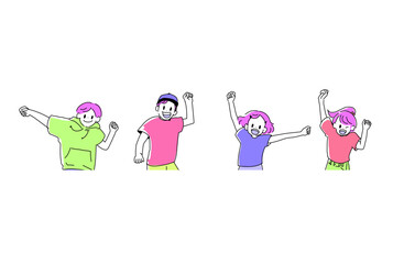 Hand drawn illustration of four colorful kids cheering with raised fists. Success and friendship concept.