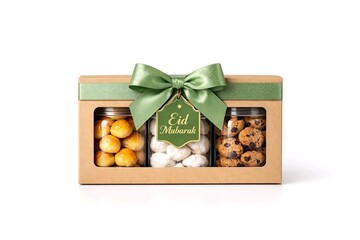 Elegant Eid al-Fitr cookie hampers gift box featuring assorted traditional Indonesian Lebaran cookies in a natural kraft packaging with green satin ribbon and hanging Eid Mubarak tag. 
