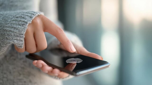 A hand in a cozy sweater uses a fingerprint scanner on a smartphone, showcasing advanced mobile security. The scene reflects the growing trend of biometric authentication for personal data protection
