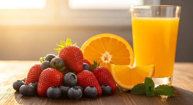 Buah segar dan jus jeruk di atas meja kayu