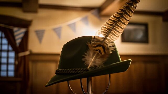 Green hat adorned with a feather displayed in a rustic pub with festive decorations