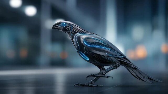 A highly detailed robotic bird featuring illuminated blue circuits is showcased in a high tech urban environment. This digital artwork blends futuristic technology with nature inspired design elements