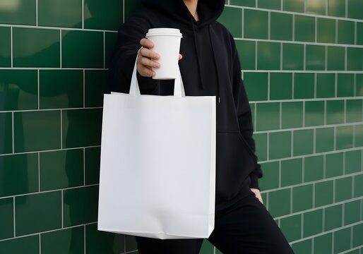 Mockup of Woman in Black Hoodie Holding White Blank Shopping Bag and Coffee Cup in Urban Setting