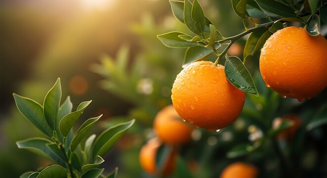 Buah jeruk segar dengan tetesan air di dahan pohon saat matahari pagi