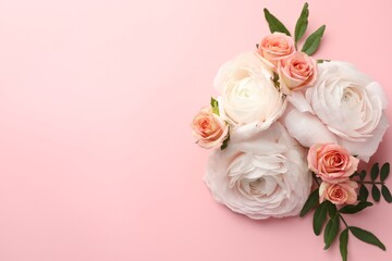 Fototapeta premium Beautiful flowers on pink background, flat lay. Space for text