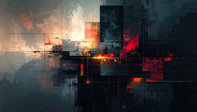 Abstract tech background with layered geometric shapes, dark textures and glowing accents. Futuristic digital composition for technology, AI visuals, data concepts, gaming, and modern design projects.