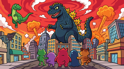 Cartoon monster battle scene illustration, giant dinosaur destroying city with explosions and cute characters watching apocalypse © MdJakirIbne