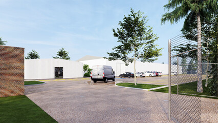 Modern industrial warehouse exterior with parking lot and delivery van in a commercial zone, architectural 3D render © Ahmad