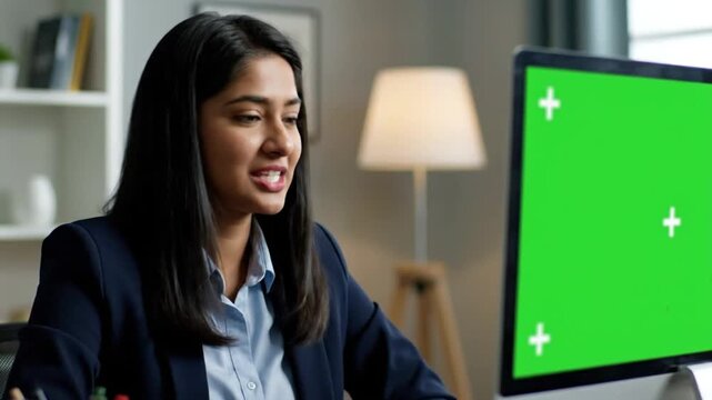 Young businesswoman using computer with green screen in modern office setting with soft natural lighting for corporate branding