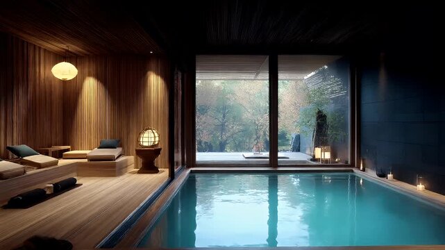 Geothermal hot springs resort, spa, bath pool, winter relaxation vacation theme. An indoor swimming pool in a room with wooden walls and a wooden ceiling. The pool is surrounded by candles, towels.