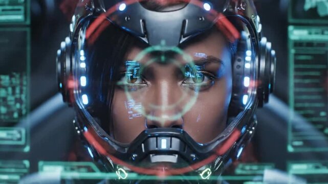 Futuristic Pilot in Cockpit with Heads-Up Display and Advanced Technology Visualization