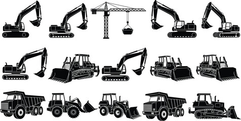 Collection of heavy construction machinery silhouettes featuring excavators bulldogs dump trucks and tower cranes isolated on white background for industrial engineering and building © Md Joni Islam