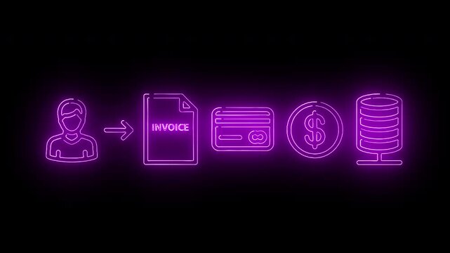 Neon-lit icons depicting a person receiving an invoice and making a payment with a dollar sign on a black background with purple glow.