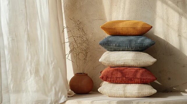 Stacked textured pillows in warm tones, sheer curtain, vase with dried plants, sunny interior