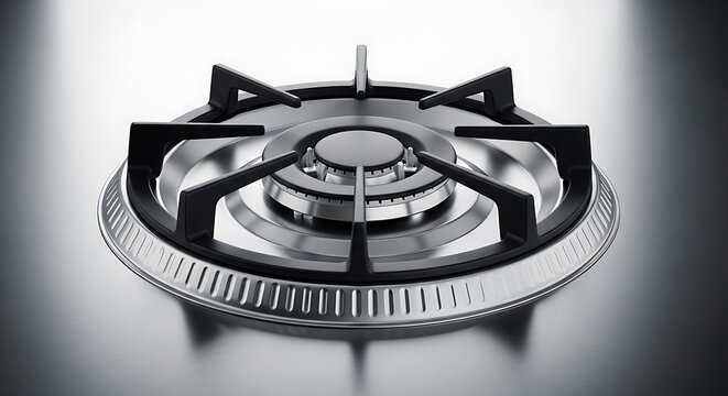 Metallic gas stove burner, close-up, shiny steel, black accents, kitchen appliance