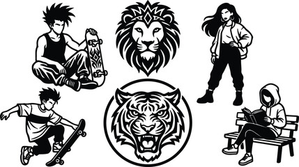 Tattoo flash vector composition roaring tiger emblem lion head and four urban skateboarders and seated reader in bold line art
