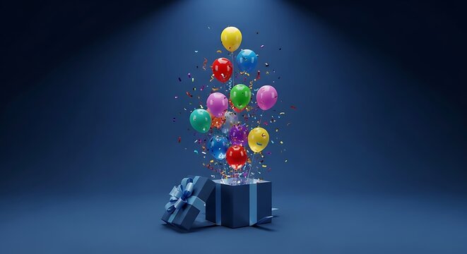 Surprise gift box opens dramatically releasing a vibrant cluster of colorful balloons and confetti into dark space.