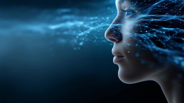 Side profile woman is merged with luminous digital neural pathways, symbolizing fusion human intelligence, advanced technology. This modern visual represents AI, innovation, future connectivity