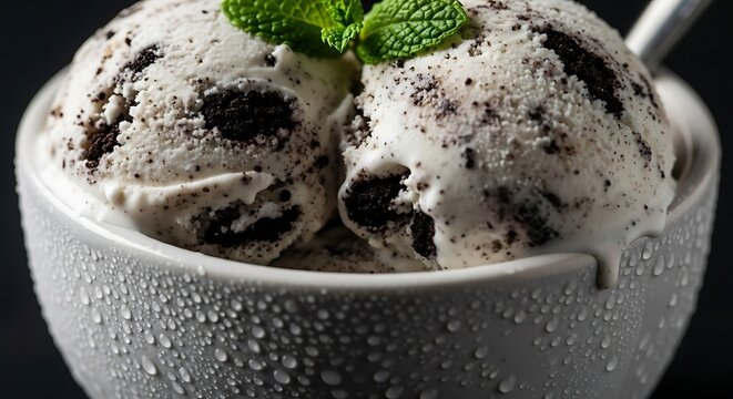 Dua skop es krim cookies and cream segar dengan hiasan daun mint di mangkuk
