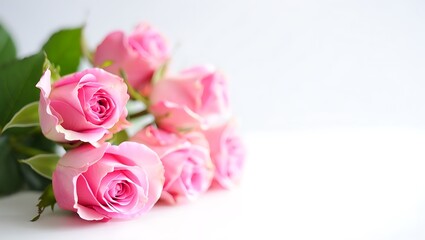 Obraz premium Soft pink roses with delicate petals and fresh green leaves arranged in a natural bouquet close up view