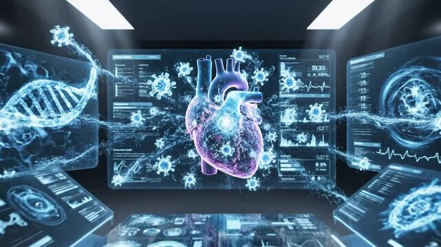 Medical Tech and Heart Analysis on Futuristic Screens Showing Digital Research Data Visualization