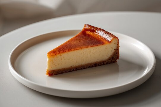Burnt Basque cheesecake slice with caramelized top on elegant white ceramic dessert plate