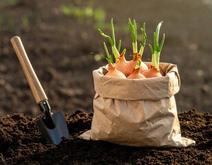 Sprouting onions in a paper bag with a trowel sit atop fresh soil in soft sunlight