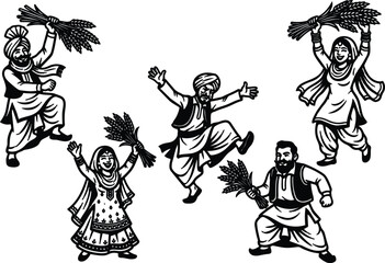 Fototapeta premium Line art vector joyful bhangra dancers holding wheat sheaves celebrating vaisakhi harvest festival traditional punjabi costumes energetic male female