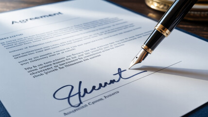 Fototapeta premium Businessman signing important agreement document with fountain pen