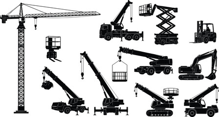 Collection of heavy lifting machinery silhouettes featuring tower cranes mobile hydraulic cranes scissor lifts and industrial engineering equipment isolated on white background for construction