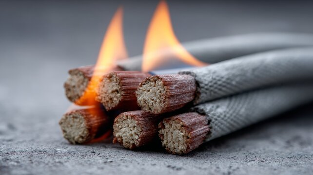 Burning electrical cables on grey concrete surface highlighting fire hazard