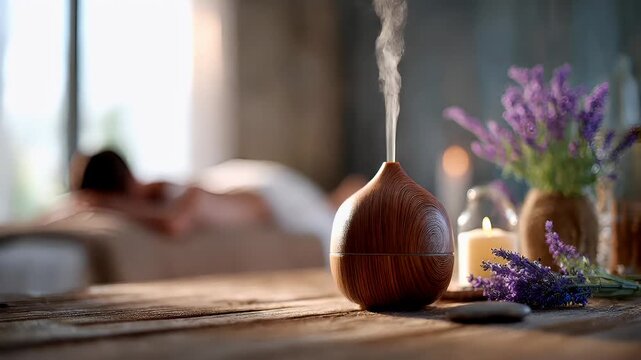 Therapy stress release treatment, health lifestyle. A person lying on a bed, surrounded by a wooden diffuser emitting a pleasant aroma, a flower vase, and a candle. The background is slightly blurred.