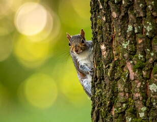 Squirrel clings to a rough tree trunk, gazing forward, with blurred green background