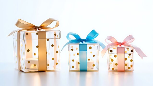 Three beautifully wrapped empty gift boxes with colorful polka dot patterns and decorative ribbons in gold blue and pink