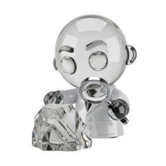 Naklejka premium Cartoon scientist examining crystal with magnifier