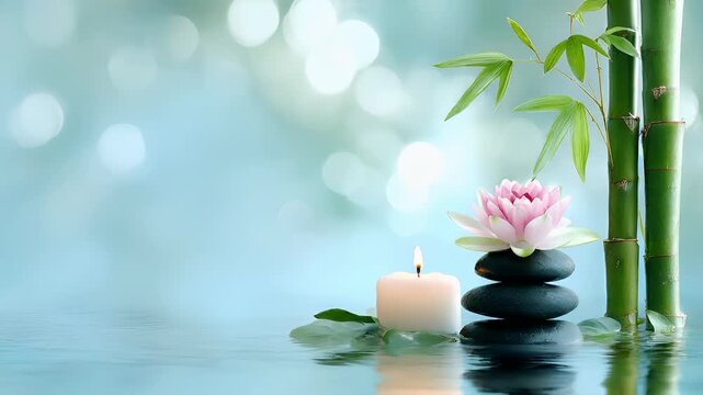 Therapy stress release treatment, health lifestyle. A tranquil scene of a tranquil spa setting, featuring a pink lotus flower, a lit candle, and a bamboo plant, all set against a blurred background.