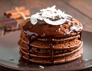 Stack of chocolate pancakes drizzled with chocolate sauce and coconut flakes on plate