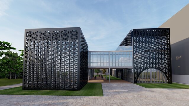 3D render of modern office building architecture with decorative black geometric facade, glass bridge walkway, and airplane in blue sky