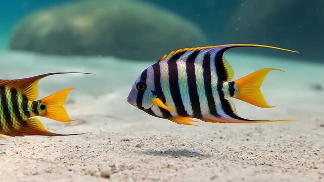 Striped Fish Swimming in Aquarium Water.