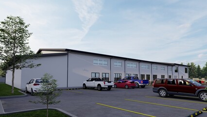 Modern Commercial Warehouse Units and Parking Lot 3D Render Featuring Vehicles and Industrial Architecture