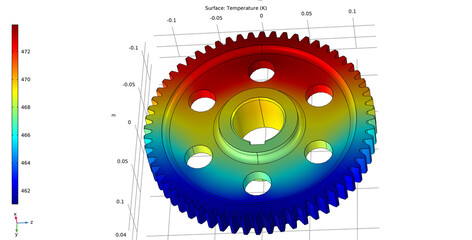 Metal cover, wheel drawing. Computer technic  3d modeling of steel mechanical part with hole and teeth. Thermal cad analysis. Investigation of temperature distribution on surface of mechanical part. © TKalinovskaya