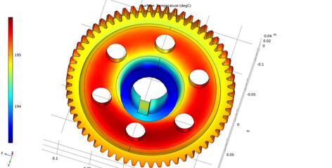 Metal cover, wheel drawing. Computer technic  3d modeling of steel mechanical part with hole and teeth. Thermal cad analysis. Investigation of temperature distribution on surface of mechanical part. © TKalinovskaya
