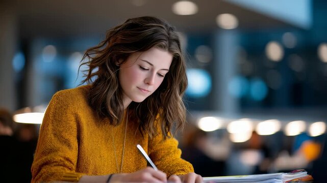 Student with wavy brown hair concentrates on her studies in contemporary library setting, illuminated by warm lights. She is engaged in writing, surrounded by educational materials, peaceful