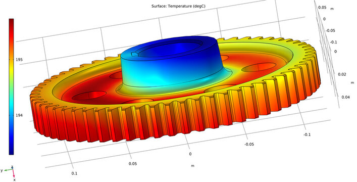 Metal cover, wheel drawing. Computer technic 
3d modeling of steel mechanical part
with hole and teeth. Thermal cad analysis.
Investigation of temperature distribution on surface
of mechanical part.