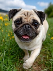 Obraz premium Adorable pug dog playfully walking on grassy field outdoors