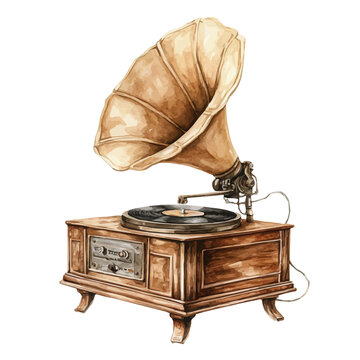 Wooden Gramophone Cabinet, illustration watercolor, vector isolated on a white background.