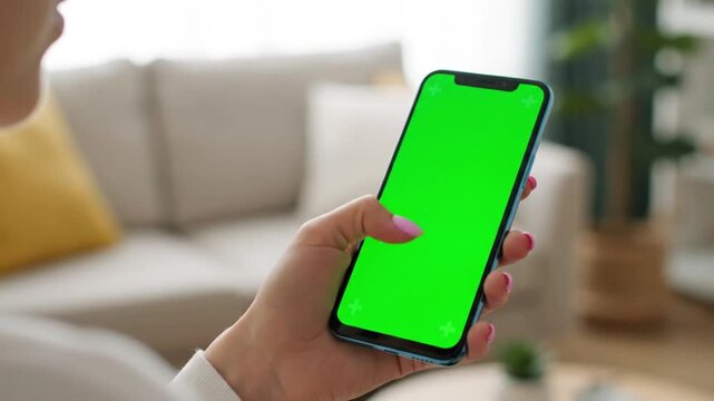Person holding smartphone with green screen in cozy living room with soft natural lighting for mobile app demonstration