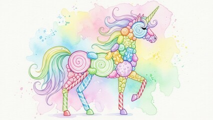 whimsical watercolor illustration of a candy unicorn with rainbow mane and tail