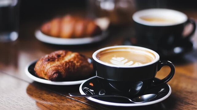 Coffee cup with latte art, croissant, and spoon on a wooden table. Another cup in the background